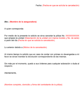 Muestra de como llenar carta de cancelación de póliza de automovil - traigoseguro.com